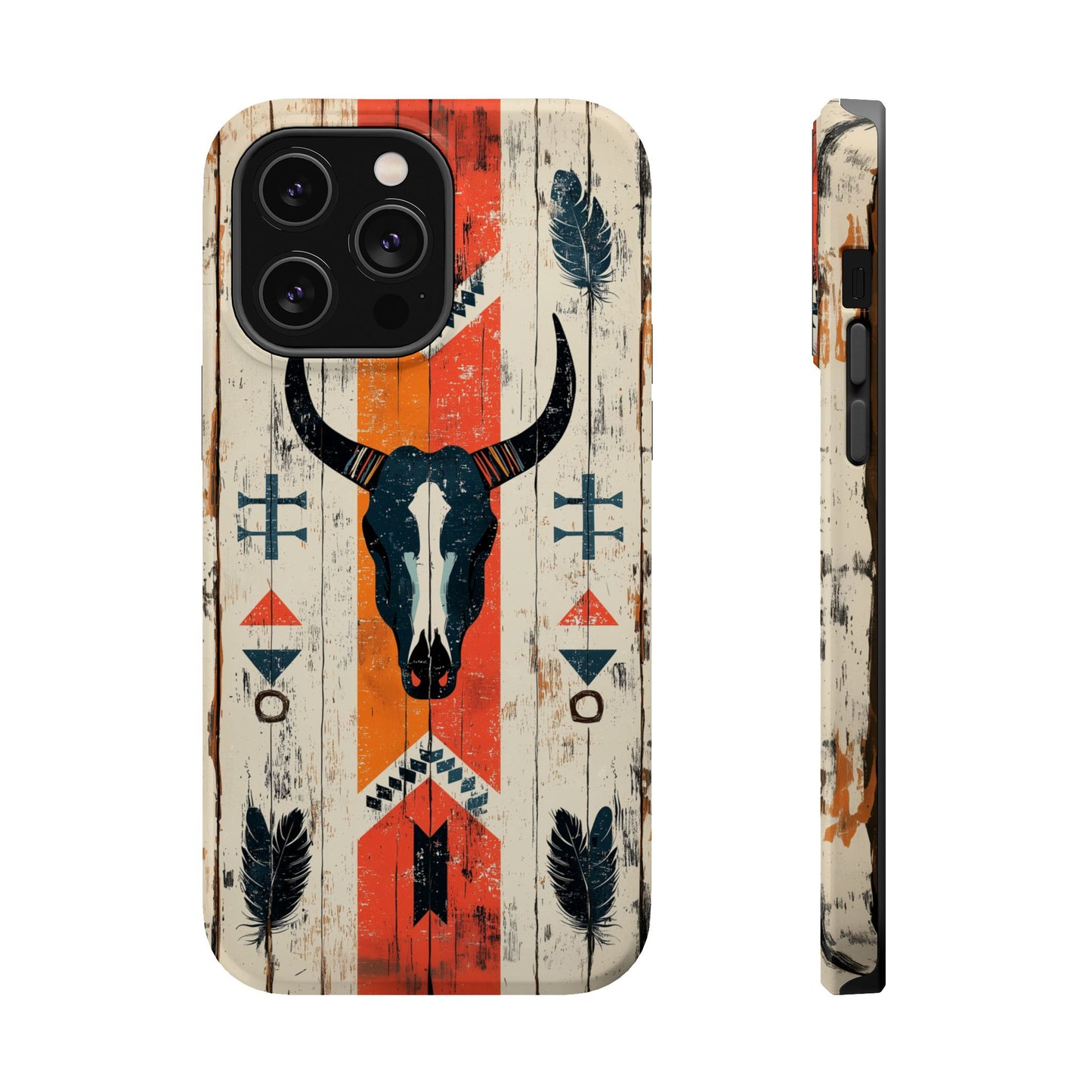 Rustic Western Bull Skull Tough MagSafe iPhone Case – Distressed Wood Design, Dual-Layer Protection