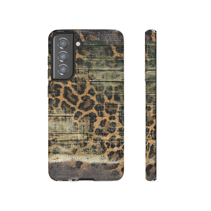 Rustic Wood and Leopard Print Tough Samsung Galaxy Case – Distressed Western Design with Dual-Layer Protection