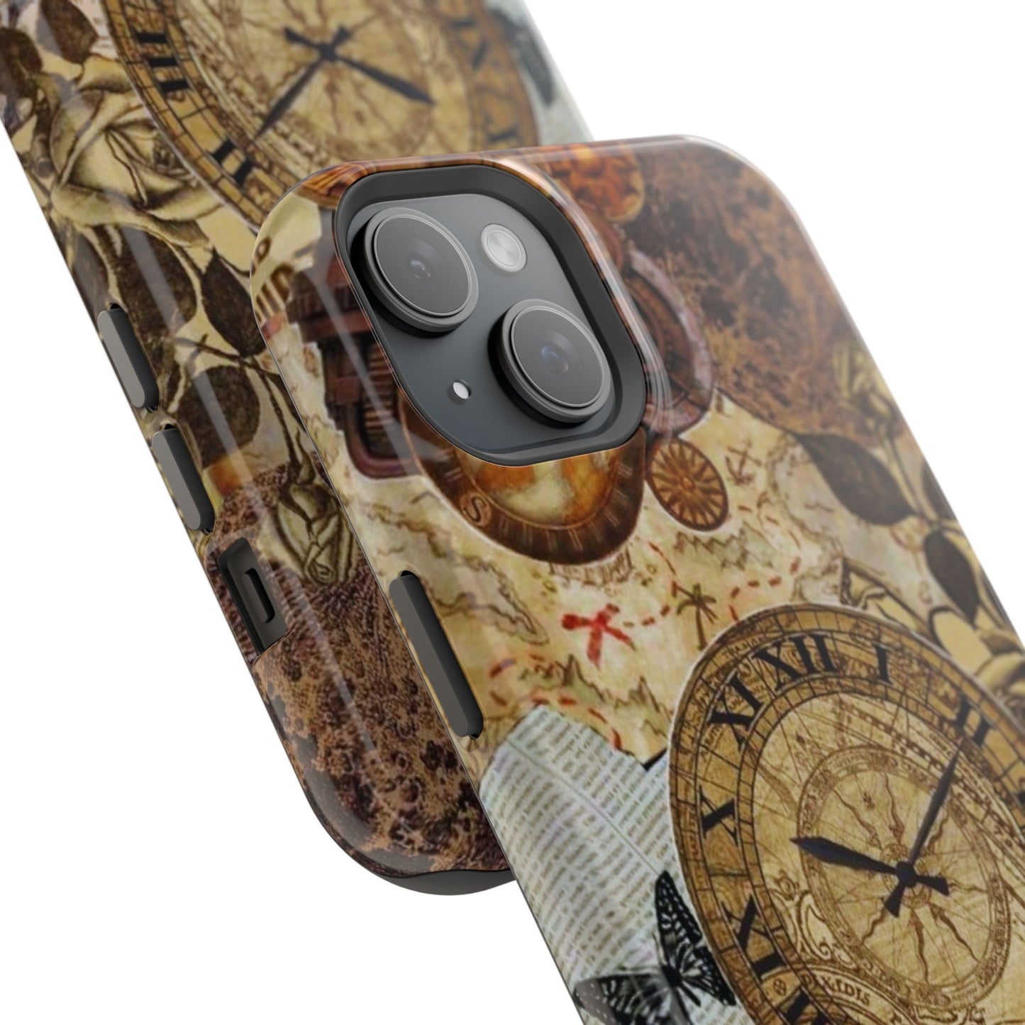 Steampunk Vintage Adventure MagSafe iPhone Case – Dual-Layer Protection with Antique Map and Clock Design