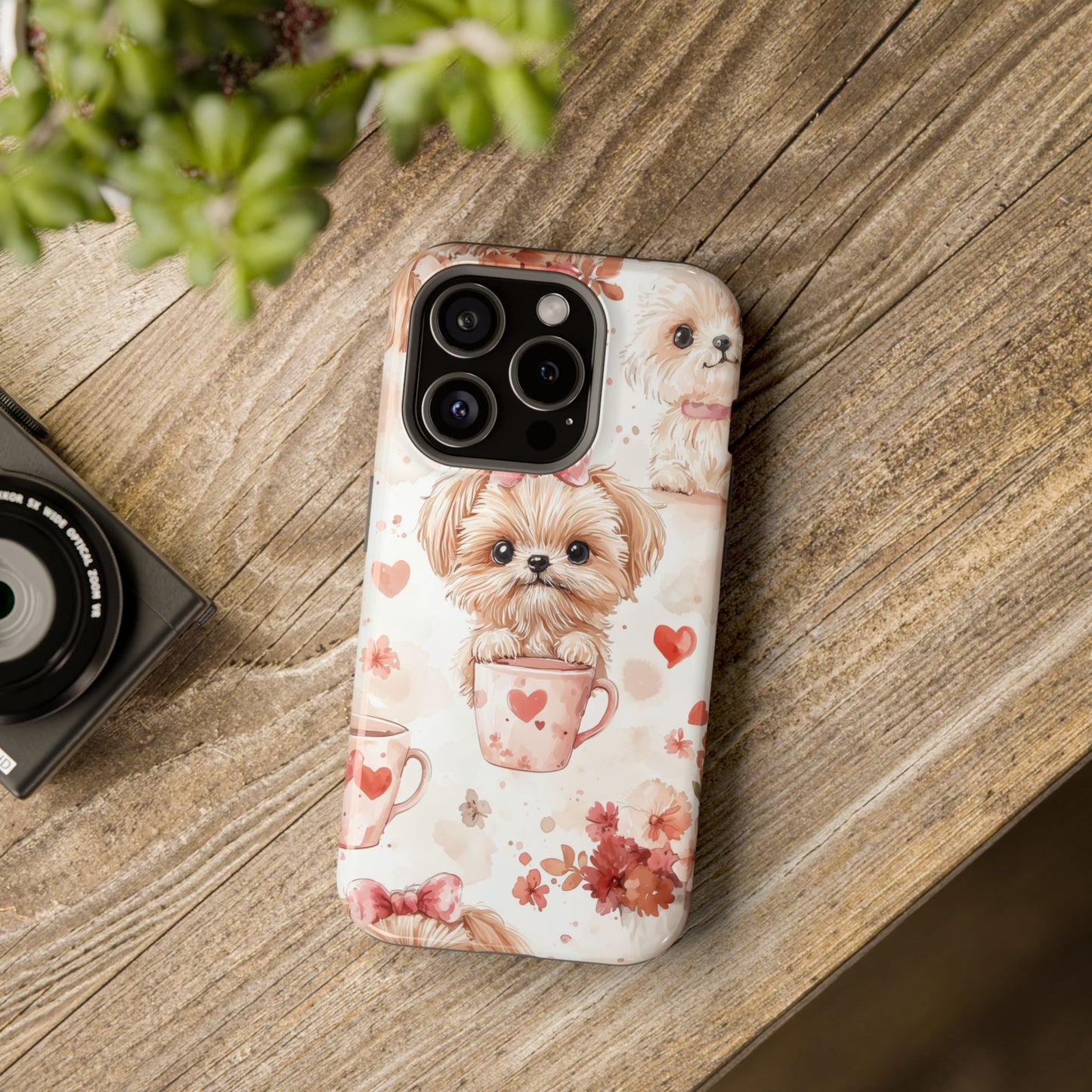 Puppies & Heart Mugs MagSafe iPhone Case – Sweet Dog & Floral Design, Shockproof & Slim