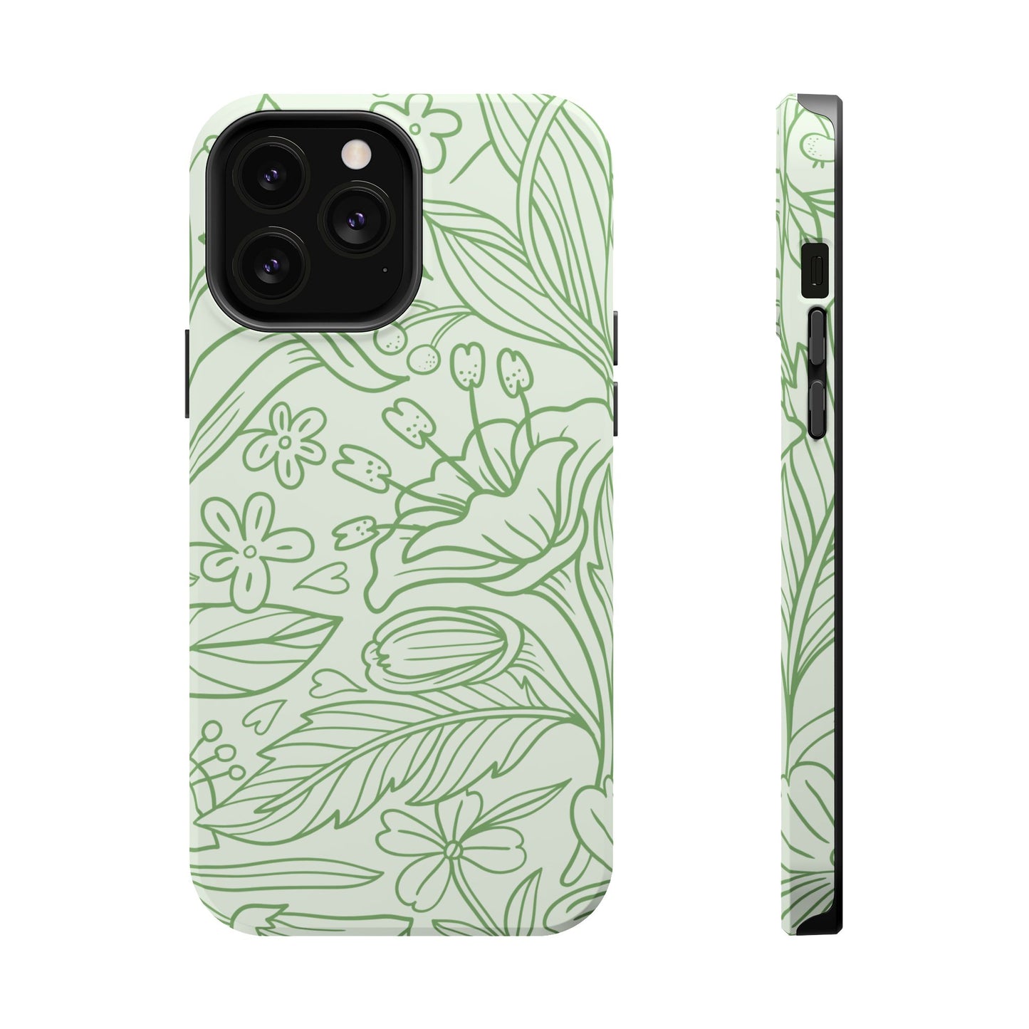 Sage Green Floral Line Art Tough MagSafe iPhone Case – Minimalist Botanical Design with Dual-Layer Protection