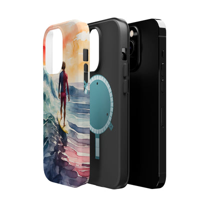 Surfer’s Sunset Wave MagSafe iPhone Case – Vibrant Watercolor Design