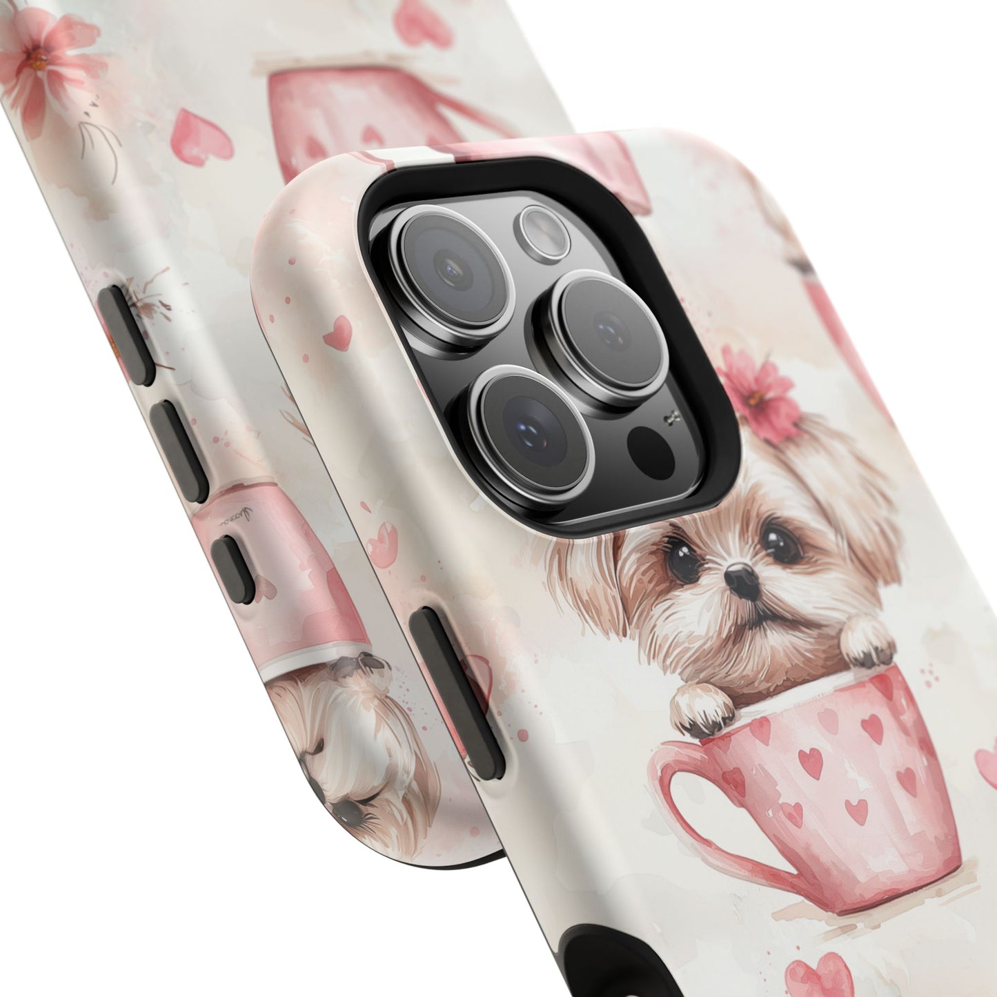 Floral Puppy in Teacup MagSafe iPhone Case – Cute Pink Flower Design, Tough Dual-Layer Protection