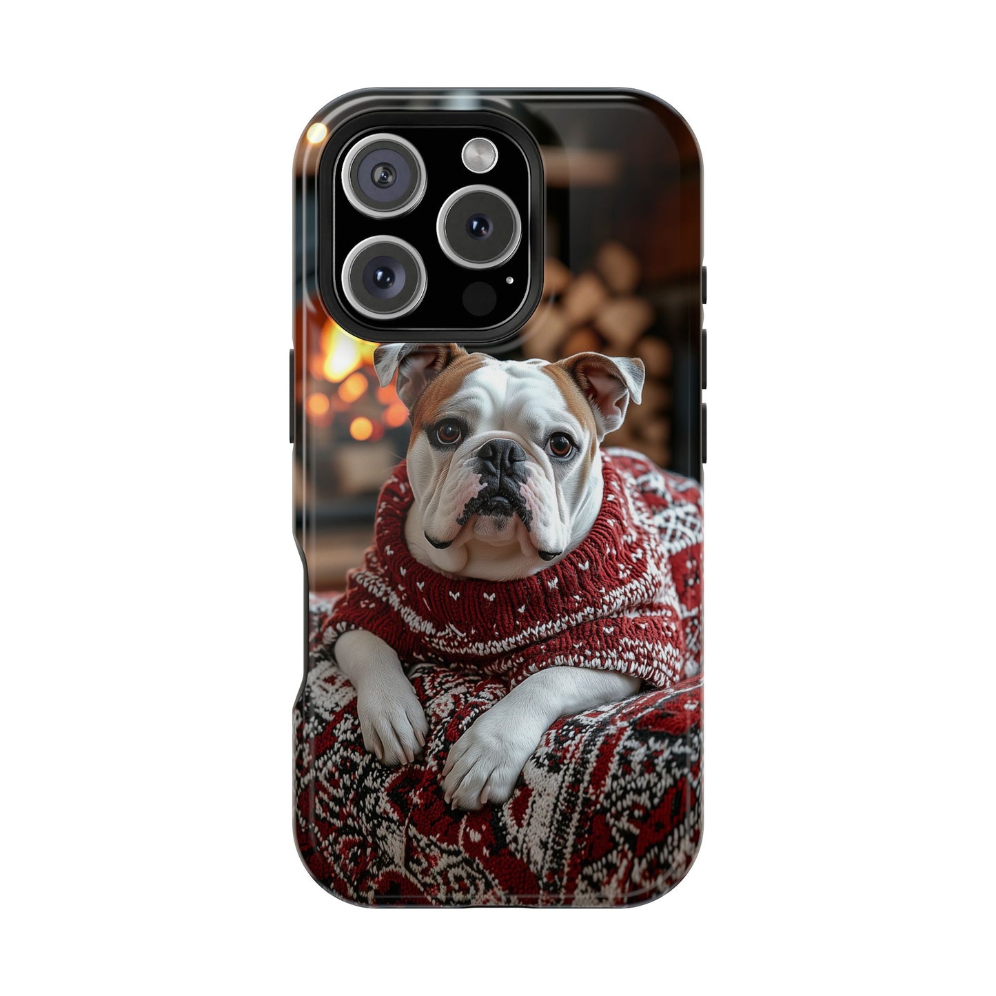 Cozy Bulldog in Sweater MagSafe iPhone Case – Festive Fireplace Protective Cover