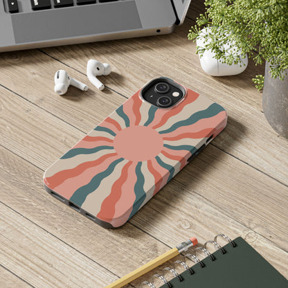 Retro Sunburst iPhone Case – Bold 70s-Inspired Waves in Coral, Teal, and Cream