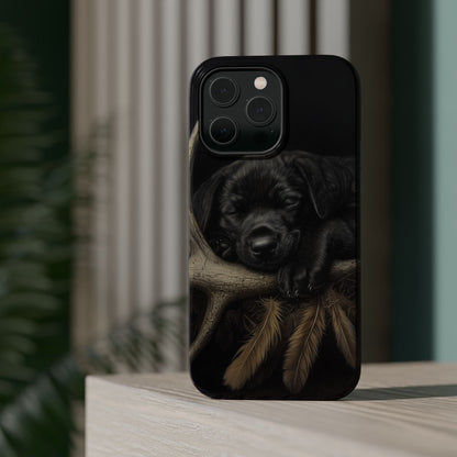 Adorable Black Labrador Puppy on Feathers MagSafe iPhone Case