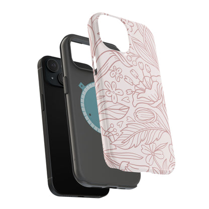 Blush Floral Line Art Tough MagSafe iPhone Case – Delicate Minimalist Design with Dual-Layer Protection