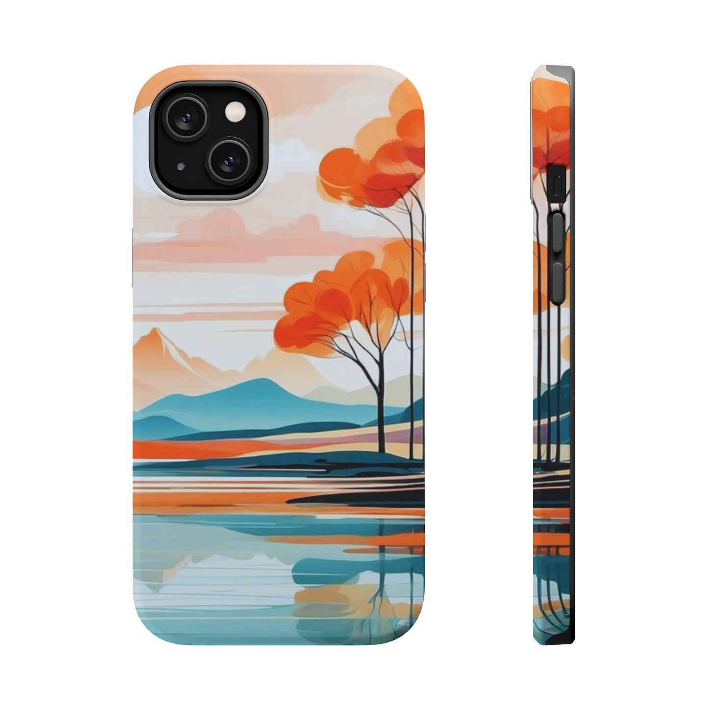 Serene Sunset Lake MagSafe iPhone Case – Minimalist Landscape Art, Dual-Layer Protection