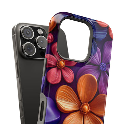 Bold Floral 3D MagSafe iPhone Case – Vivid Purple and Orange Flower Design, Shock-Resistant