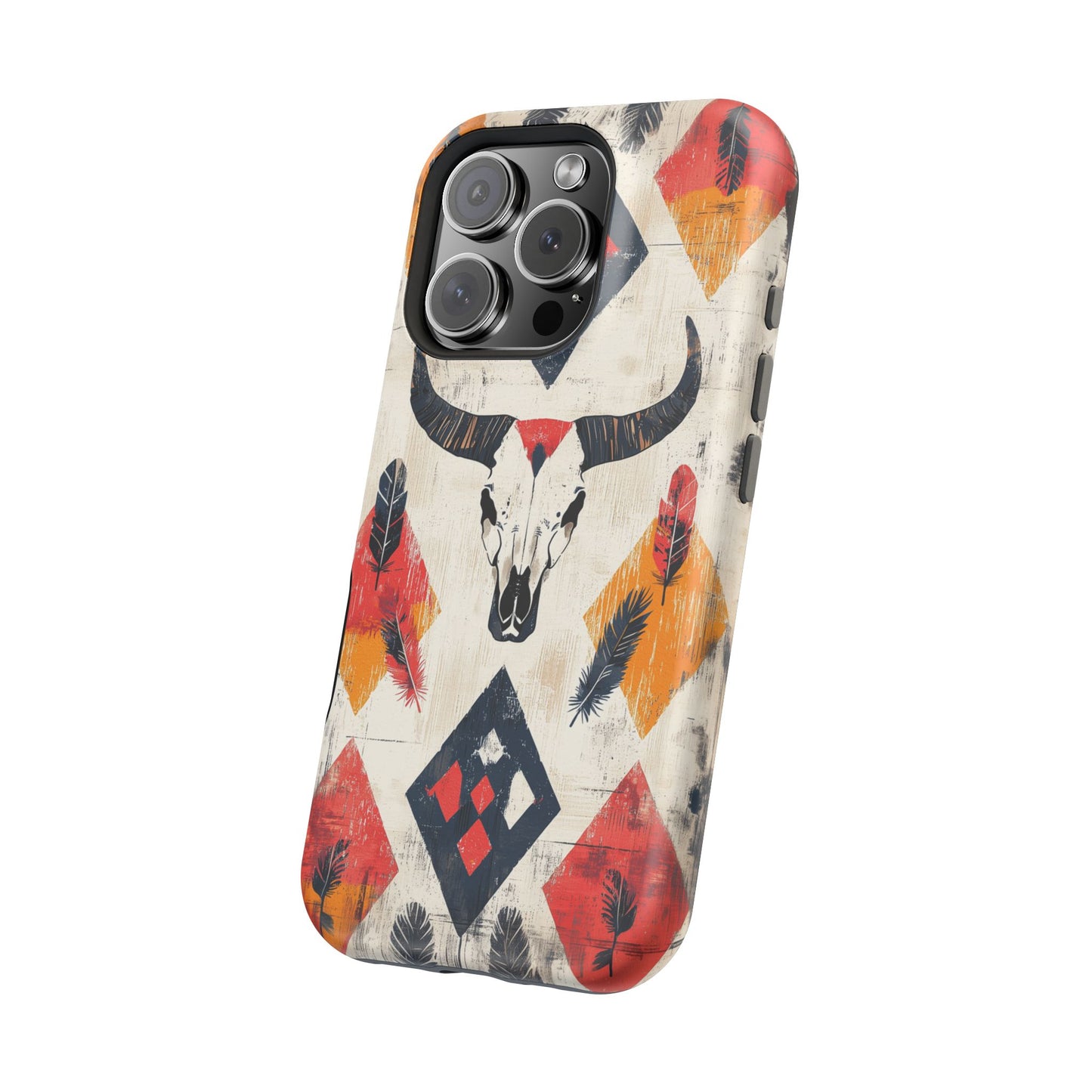 Western Bull Skull & Feathers Tough Mag Safe iPhone Case – Bold Tribal Design, Dual-Layer Protection