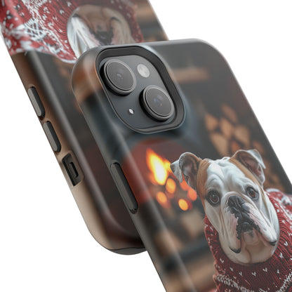 Cozy Bulldog in Sweater MagSafe iPhone Case – Festive Fireplace Protective Cover