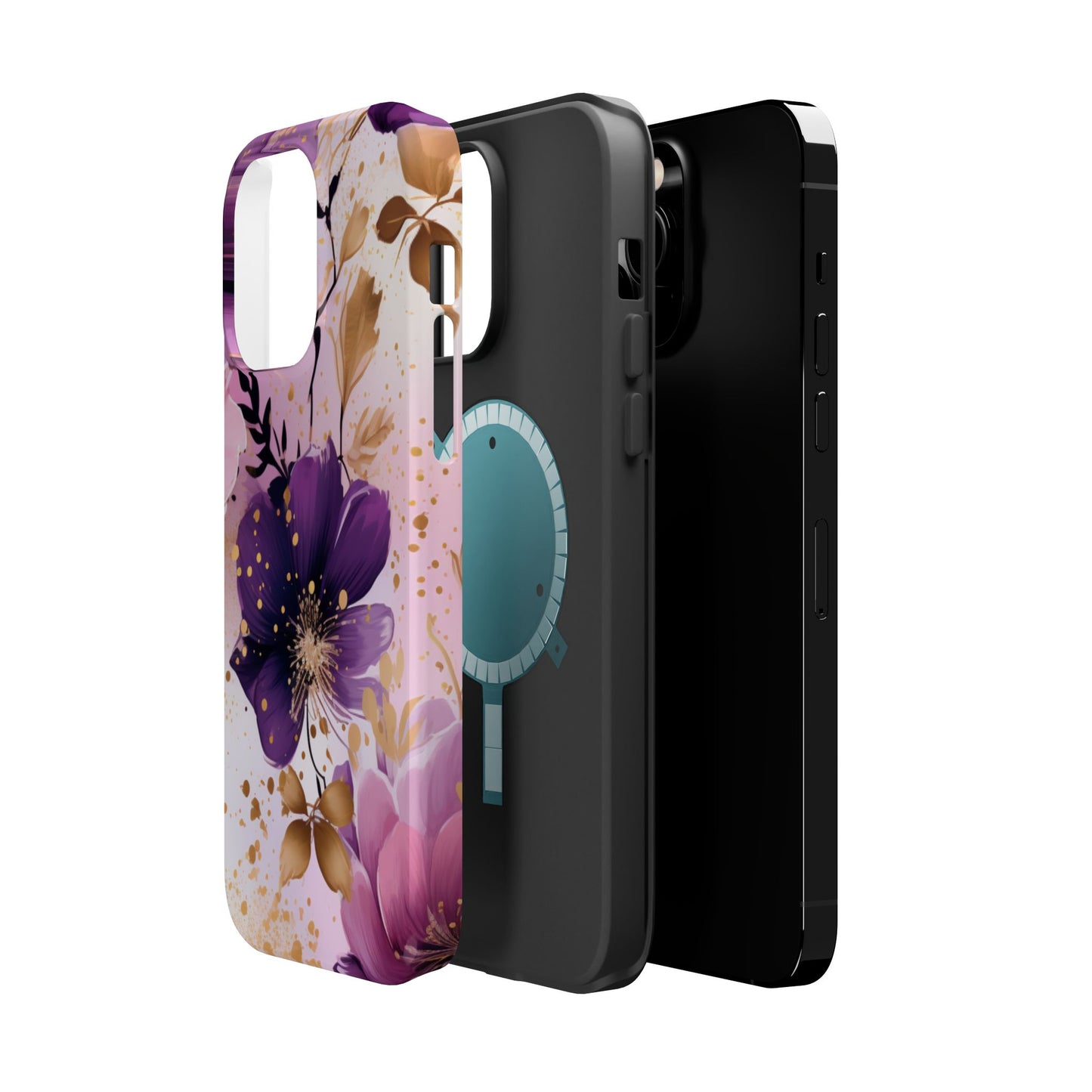 Elegant Purple & Gold Floral MagSafe iPhone Case - Luxe Flower Design