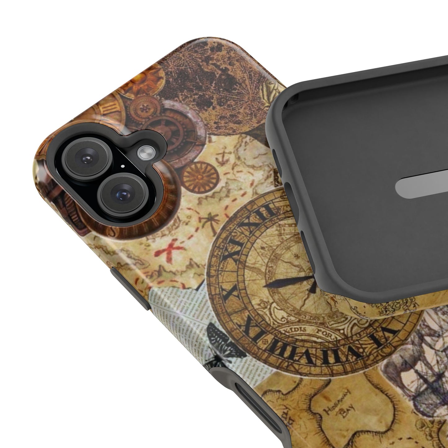 Steampunk Vintage Adventure MagSafe iPhone Case – Dual-Layer Protection with Antique Map and Clock Design