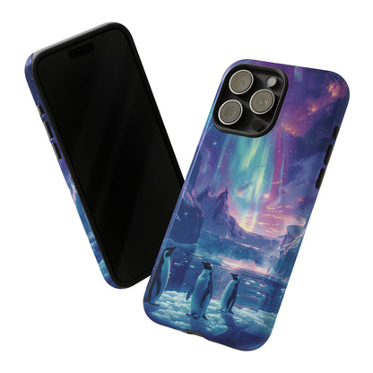 Penguin Parade Under Aurora of Northern Lights: Enchanted Arctic Animal Case for iPhone, Samsung Galaxy, & Google Pixel Phones