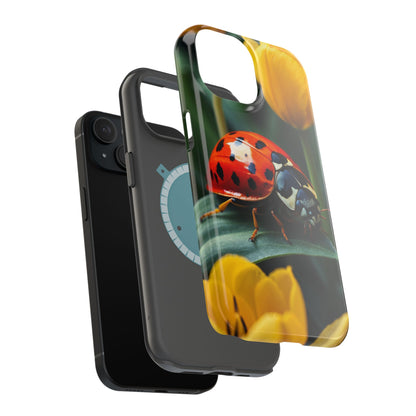 MagSafe iPhone Case: Vibrant Ladybug Amidst a Lush Yellow Flower Garden