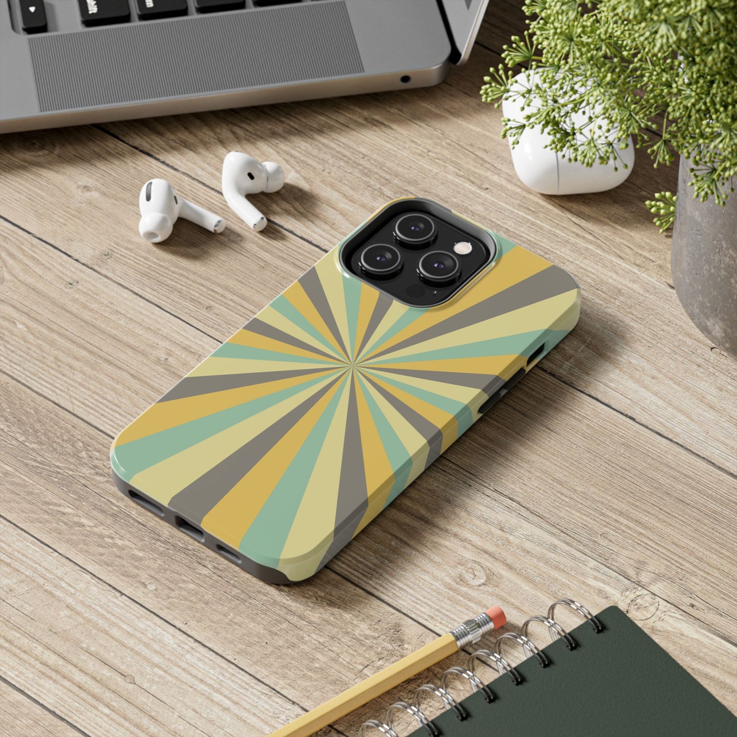 Vintage Sunburst Rays iPhone Case – Bold 70s-Inspired Burst in Yellow, Mint, and Gray