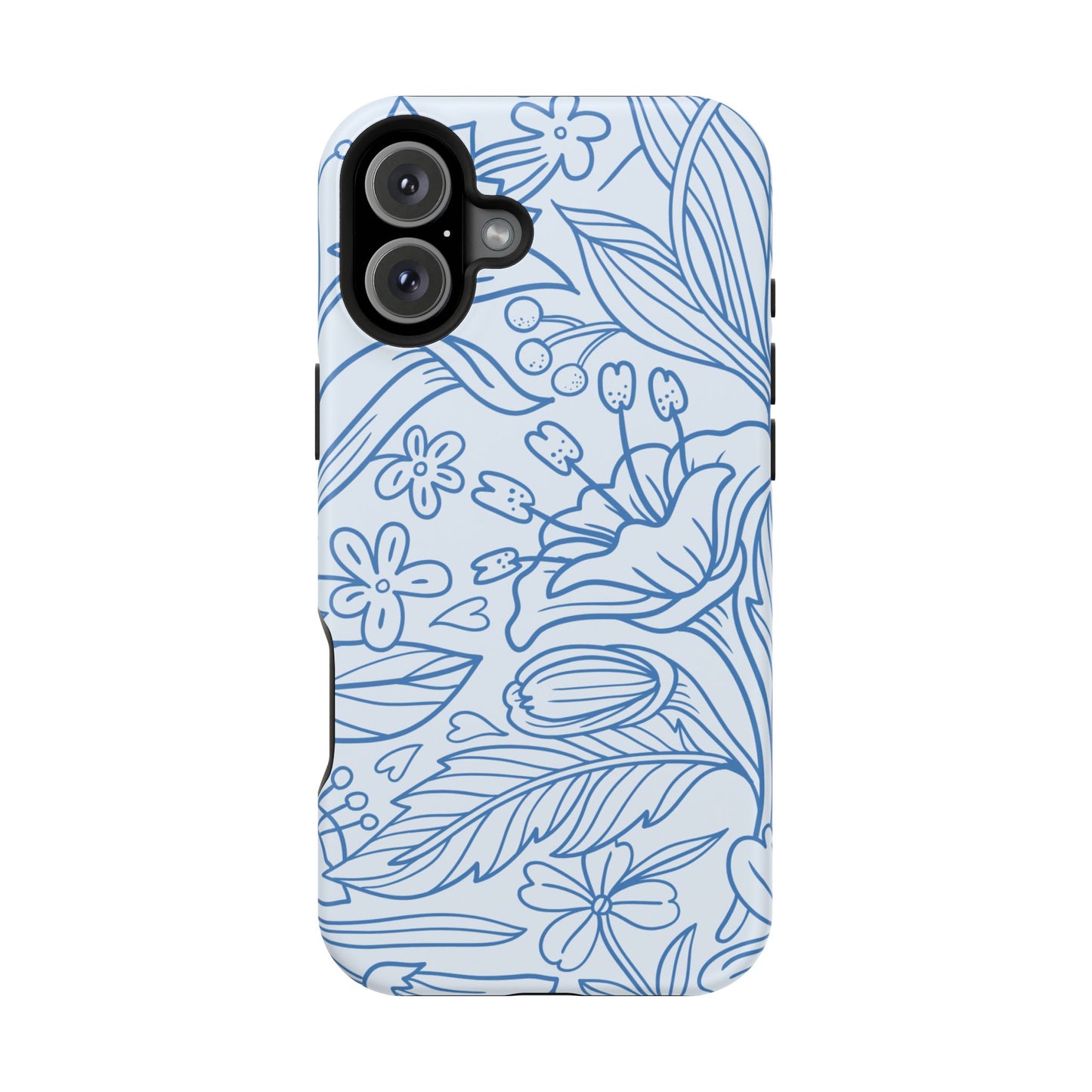 Dusty Blue Floral Line Art Tough MagSafe iPhone Case – Minimalist Botanical Design with Dual-Layer Protection