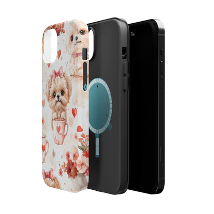 Puppies & Heart Mugs MagSafe iPhone Case – Sweet Dog & Floral Design, Shockproof & Slim