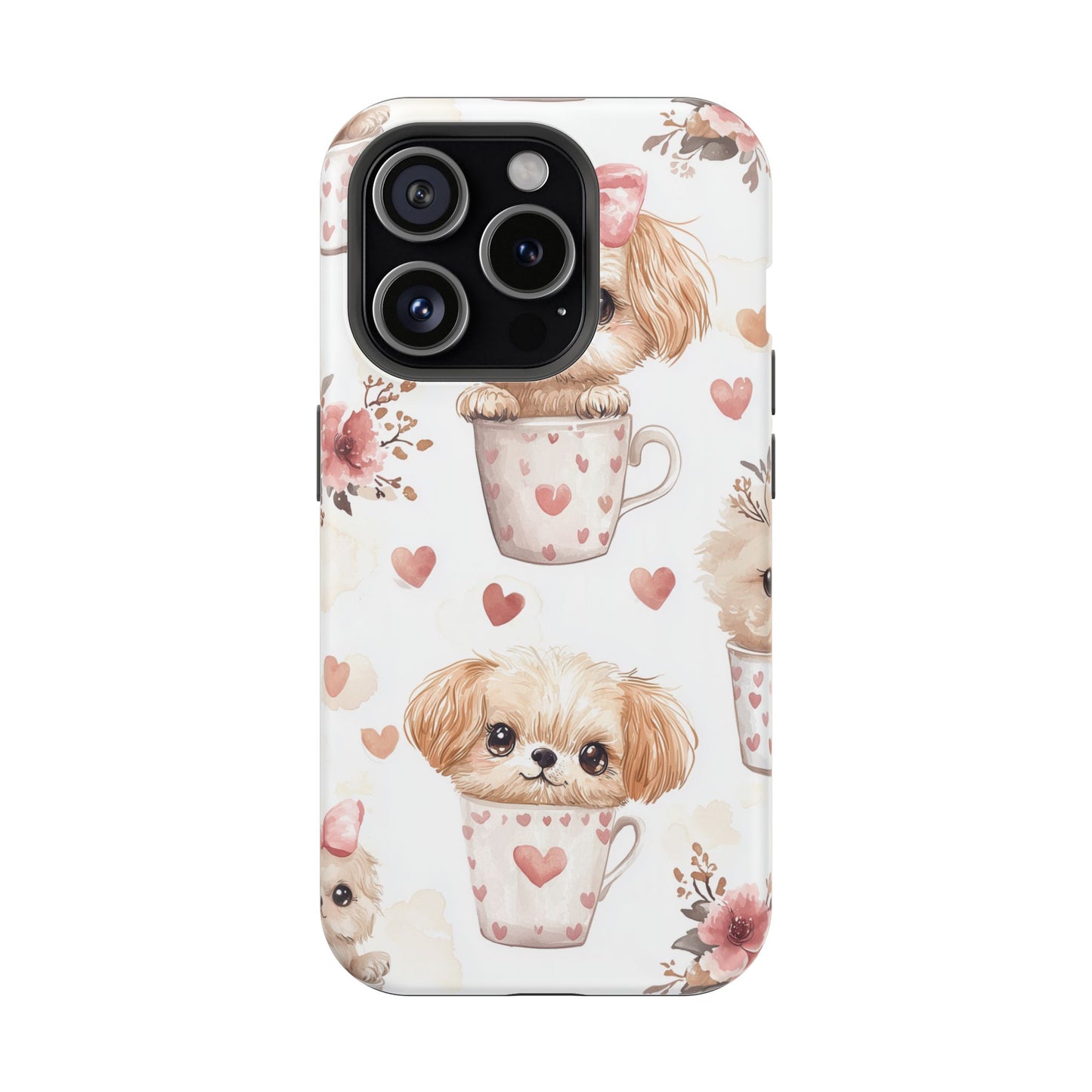 Cute Puppies in Heart MagSafe iPhone Case – Adorable Dog & Floral Design, Shockproof & Slim