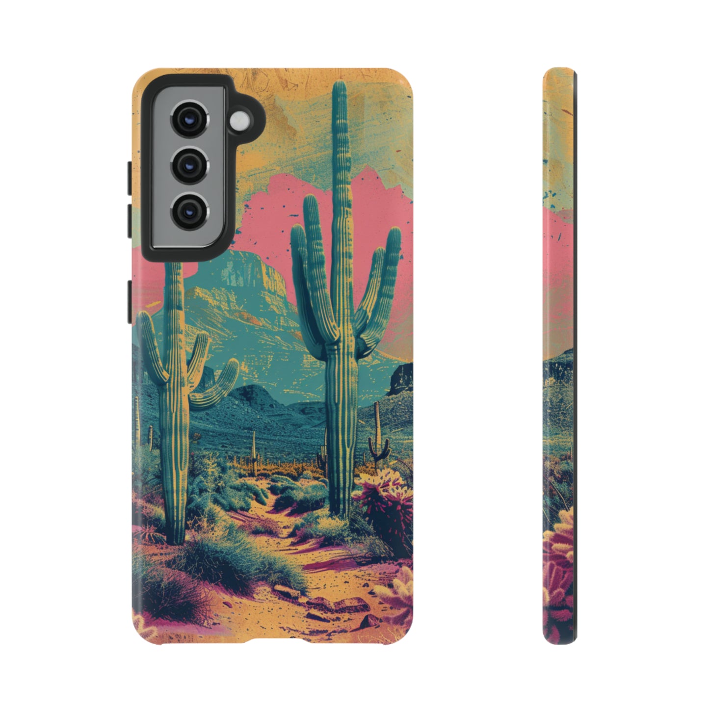 Desert Oasis Retro Cactus Phone Case - Vibrant Sunset Landscape for iPhone 15/14/13/12, Samsung S24/S23/S22/S21, & Google Pixel