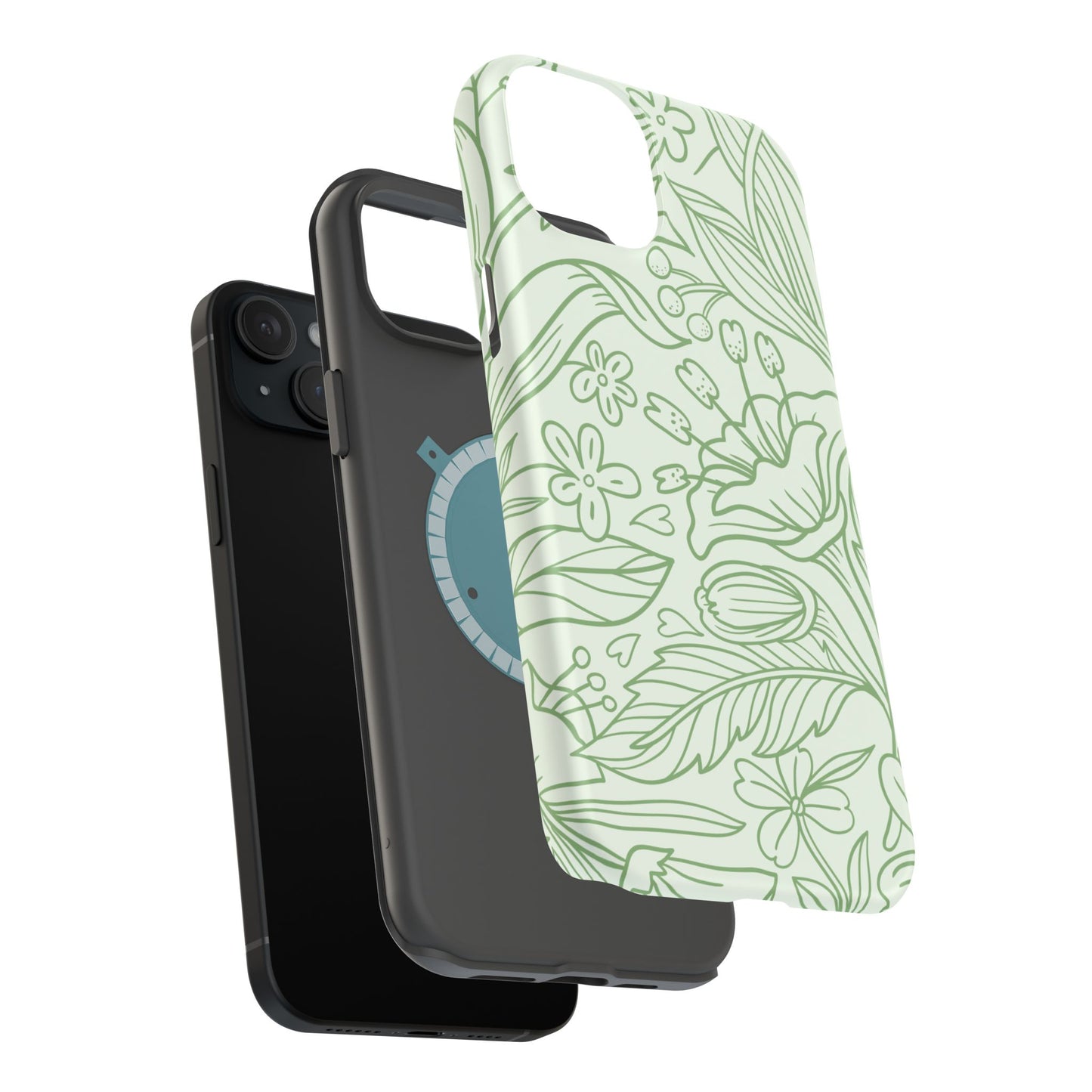 Sage Green Floral Line Art Tough MagSafe iPhone Case – Minimalist Botanical Design with Dual-Layer Protection