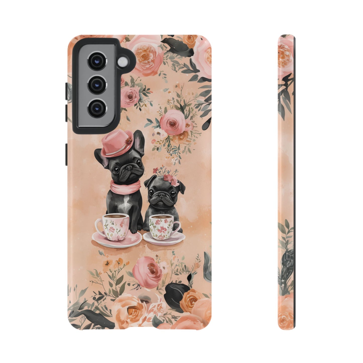 Floral French Bulldogs Samsung Galaxy Case – Elegant Dog Design with Tea Cups & Roses, Shockproof Protection - BOGO Cases