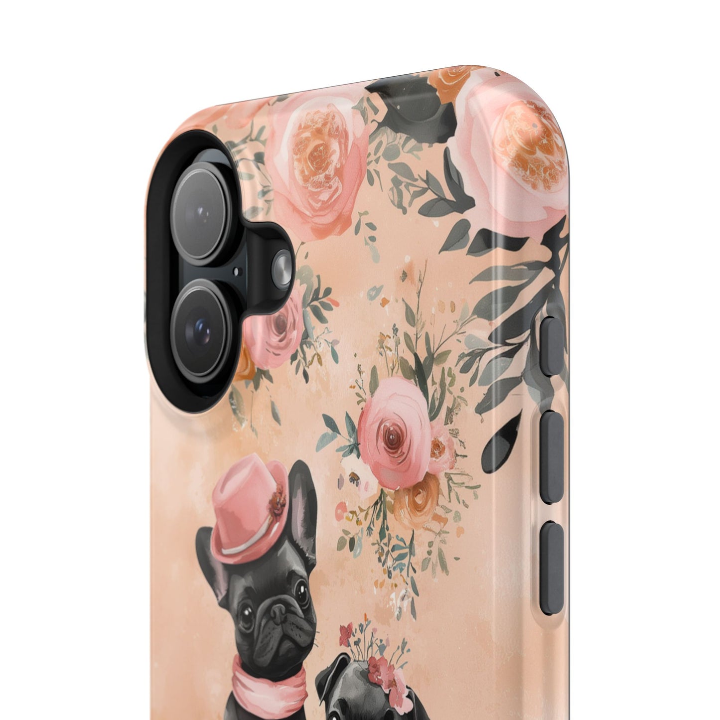 Floral French Bulldogs MagSafe iPhone Case – Elegant Dog Design with Tea Cups & Roses, Shockproof Protection