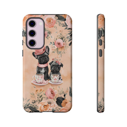 Floral French Bulldogs Samsung Galaxy Case – Elegant Dog Design with Tea Cups & Roses, Shockproof Protection - BOGO Cases