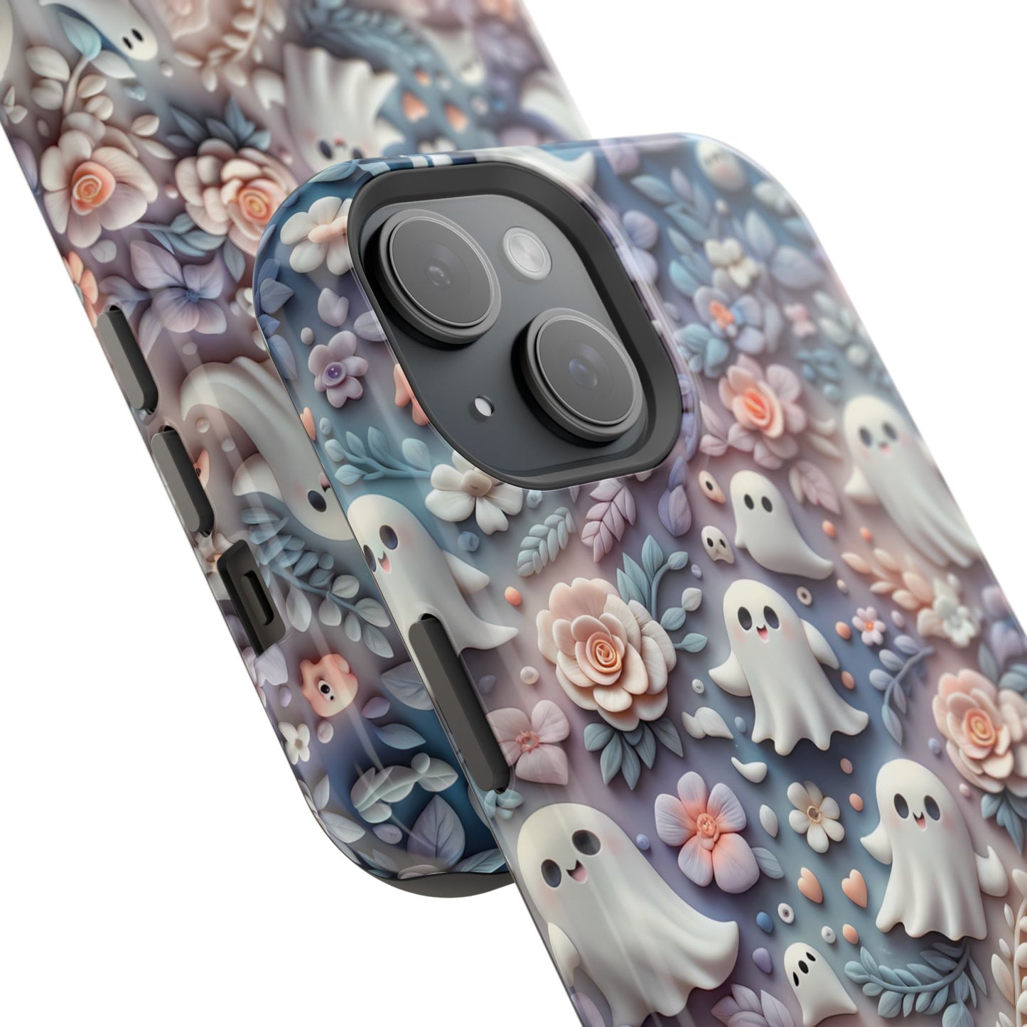 Cute MagSafe Ghosts Flowers Phone Case | Ethereal Clay Style | Autumn and Halloween Aesthetic | Tough Dual Layer Protection