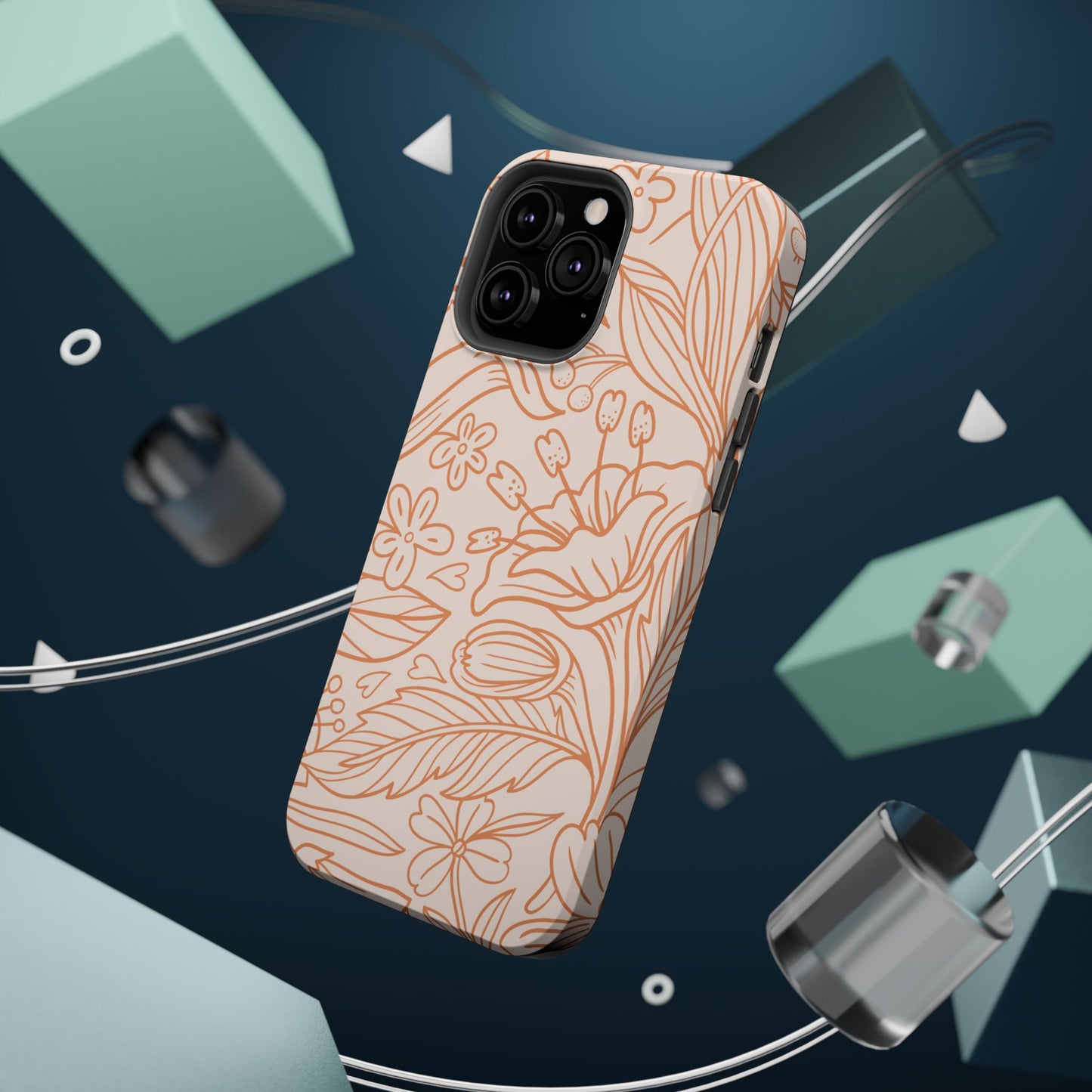 Soft Terracotta Floral Line Art Tough MagSafe iPhone Case – Minimalist Botanical Design with Dual-Layer Protection