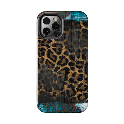 Boho Leopard and Turquoise Tough iPhone Case – Rustic Western Design with Dual-Layer Protection