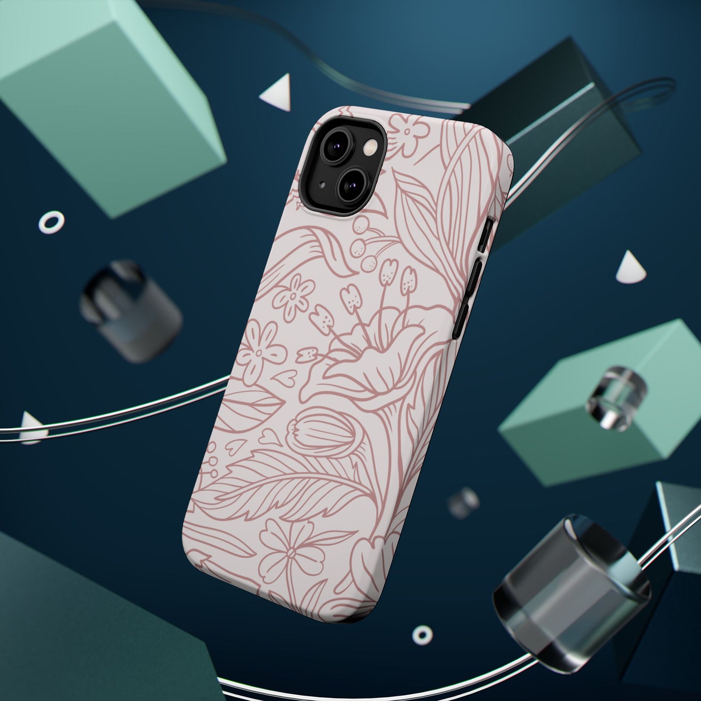 Blush Floral Line Art Tough MagSafe iPhone Case – Delicate Minimalist Design with Dual-Layer Protection