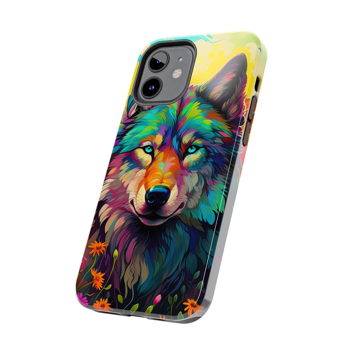 Rainbow Wolf in Bloom – iPhone Case with Vivid Nature Design