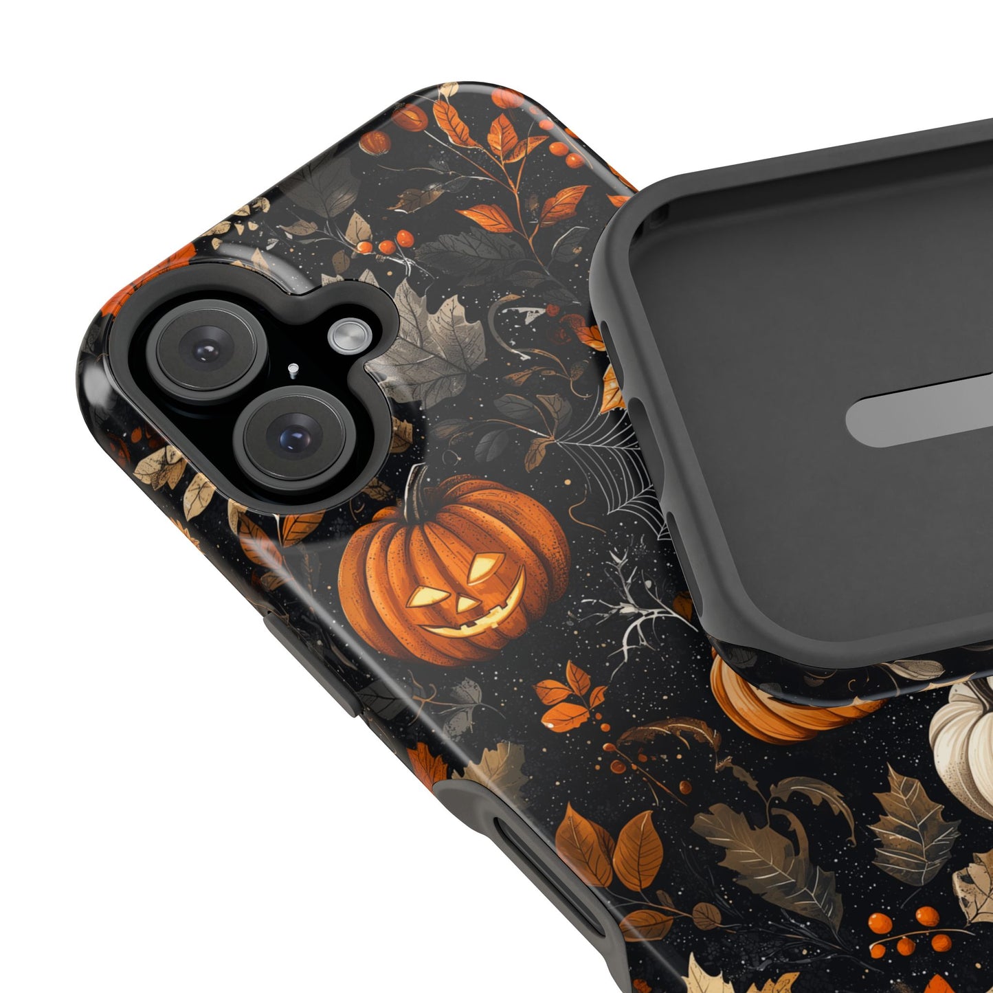 Elegant Halloween MagSafe iPhone Case – Pumpkin Jack-o'-Lanterns, Cobwebs & Autumn Foliage Design