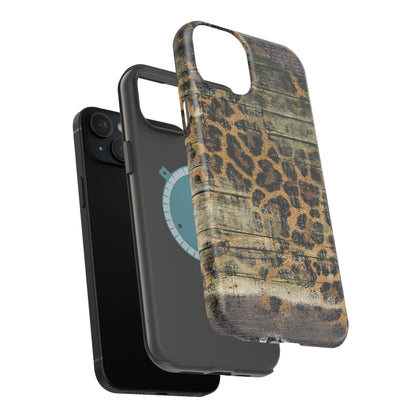 Rustic Wood and Leopard Print Tough MagSafe iPhone Case – Distressed Western Design with Dual-Layer Protection