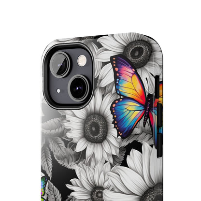 Rainbow Butterflies & Monochrome Sunflowers – iPhone Case