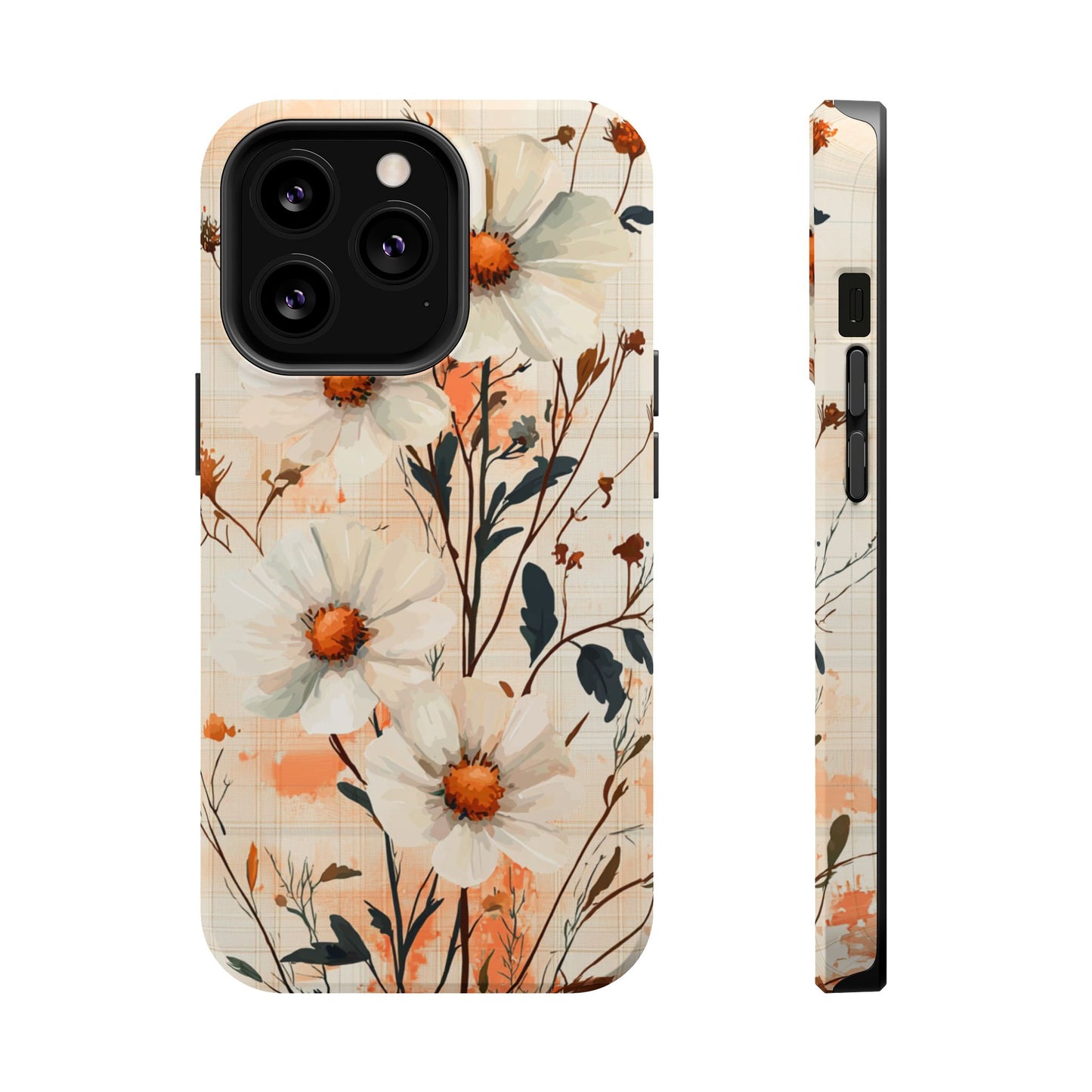 Pastel Orange Floral MagSafe iPhone Case - Elegant Plaid Protective Cover