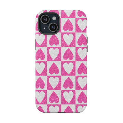 Pink Glitter Heart Checkered Pattern MagSafe Case