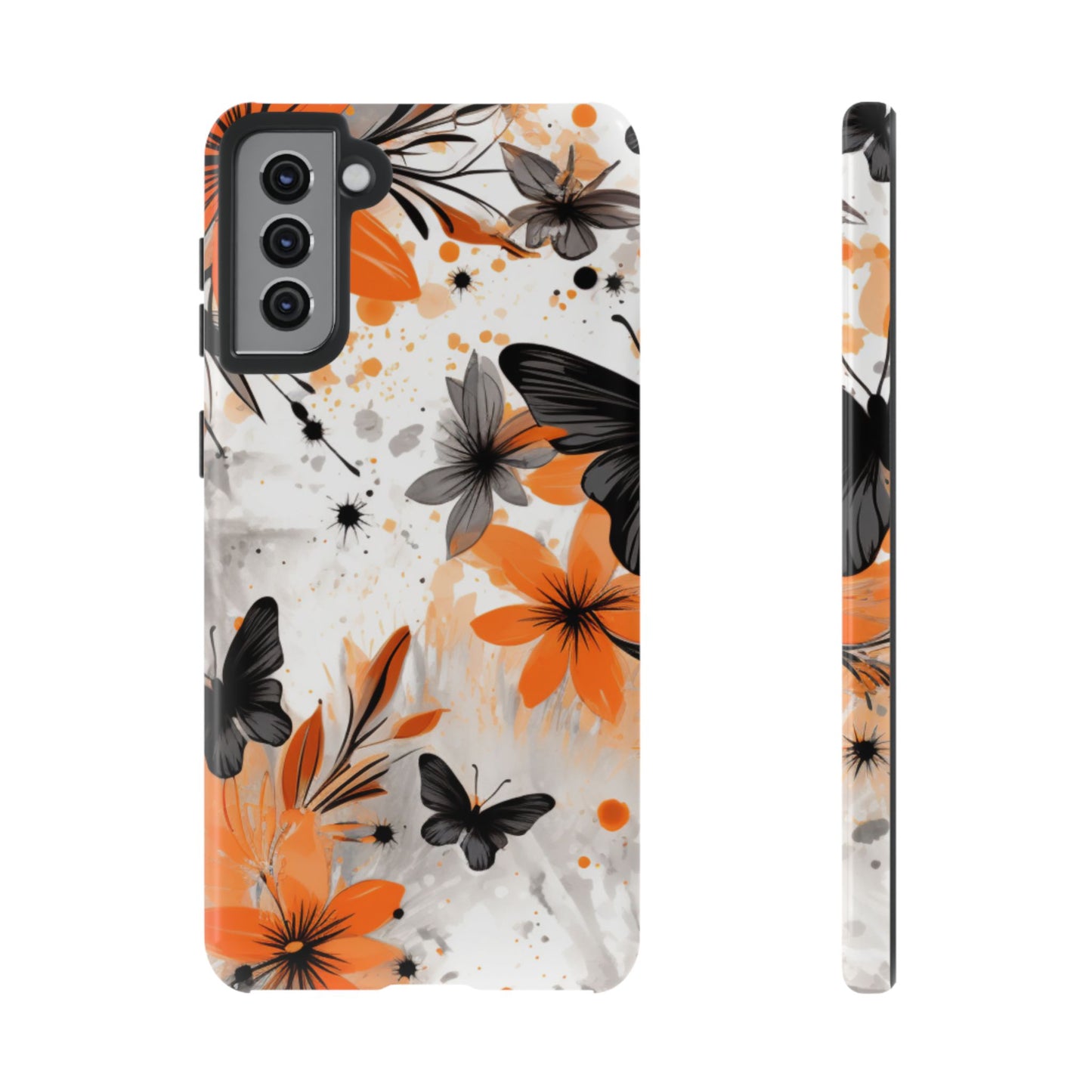 Orange Blossom & Black Butterfly Samsung Galaxy Case – Bold Floral Pattern with Modern Abstract Style