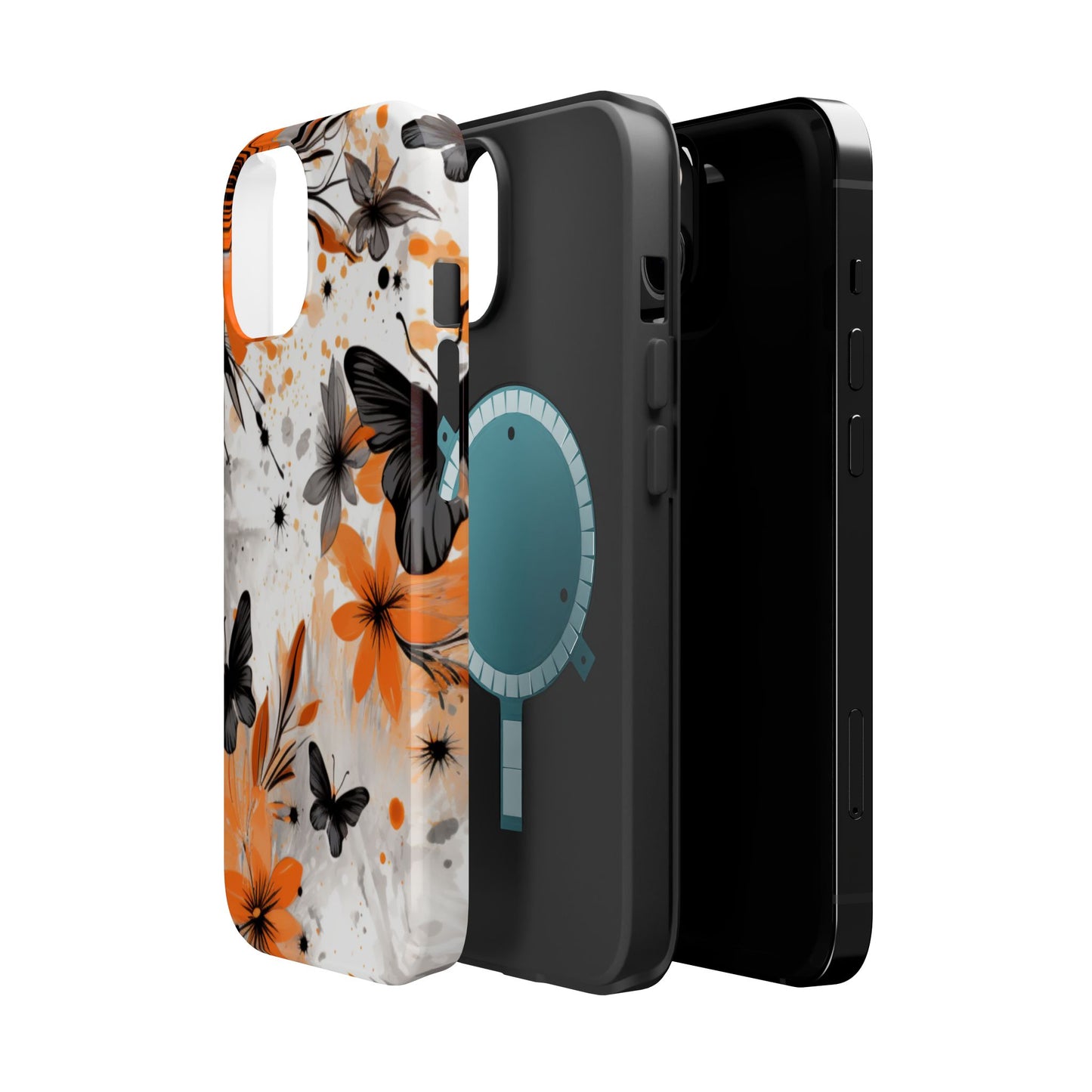 Orange Blossom & Black Butterfly MagSafe iPhone Case – Bold Floral Pattern with Modern Abstract Style