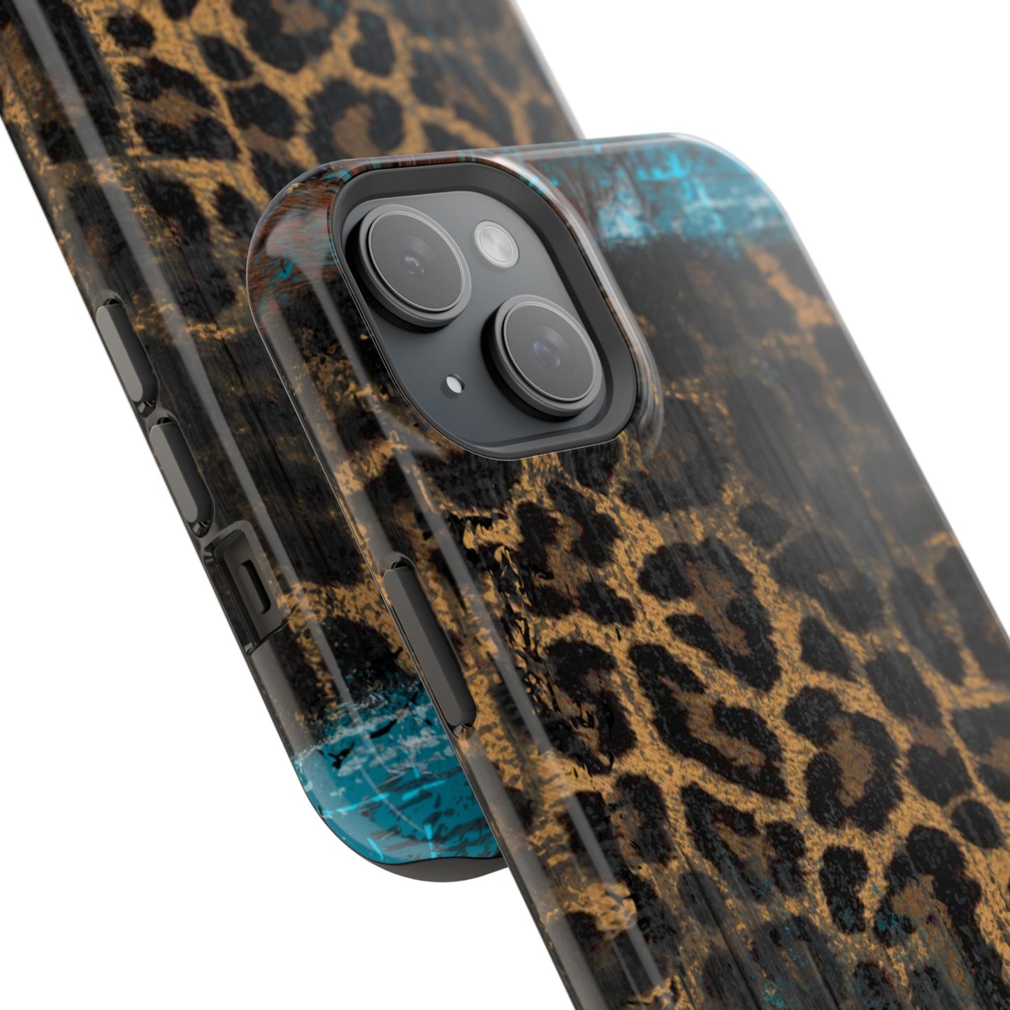 Boho Leopard and Turquoise Tough MagSafe iPhone Case – Rustic Western Design with Dual-Layer Protection