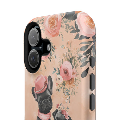 Floral French Bulldogs MagSafe iPhone Case – Elegant Dog Design with Tea Cups & Roses, Shockproof Protection