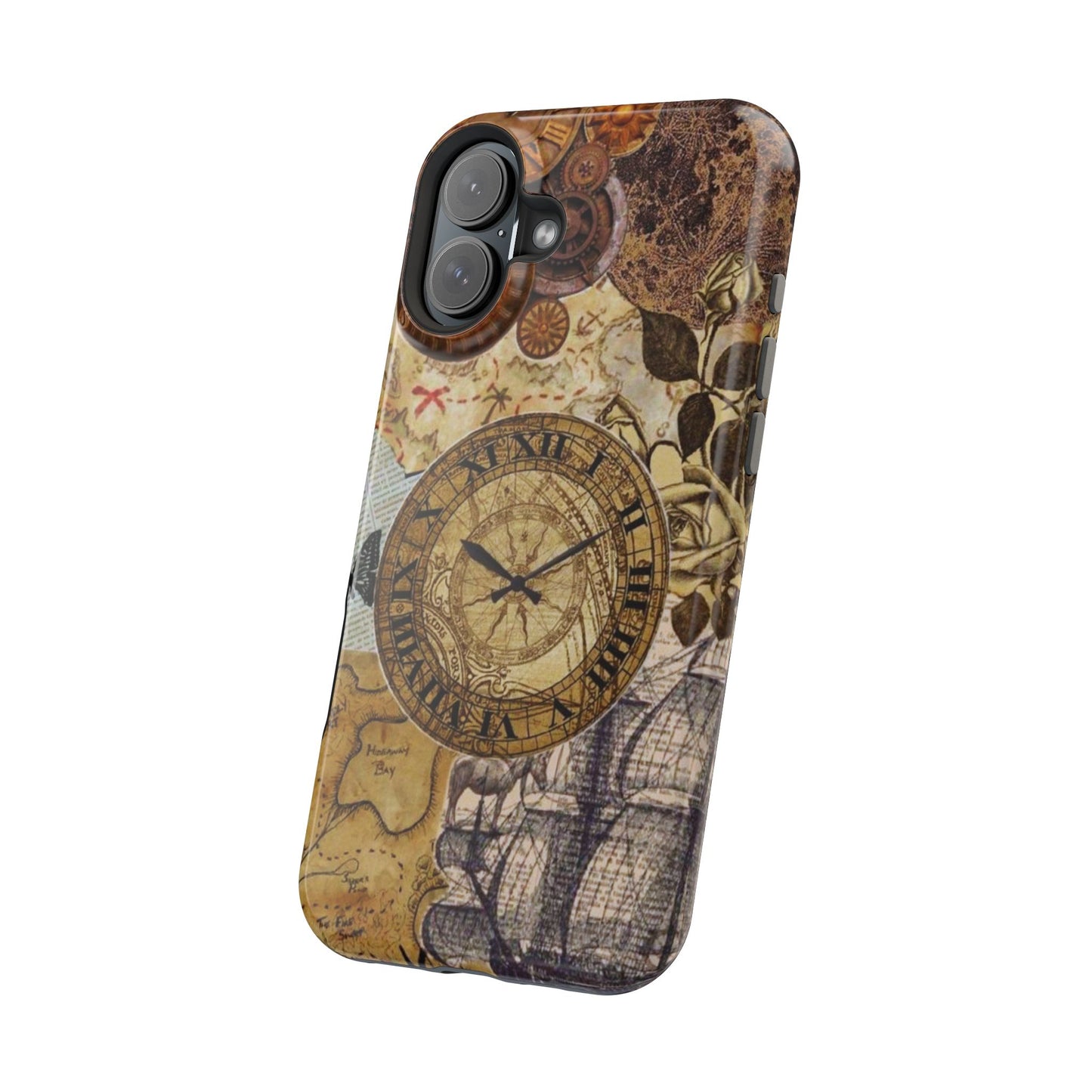 Steampunk Vintage Adventure MagSafe iPhone Case – Dual-Layer Protection with Antique Map and Clock Design