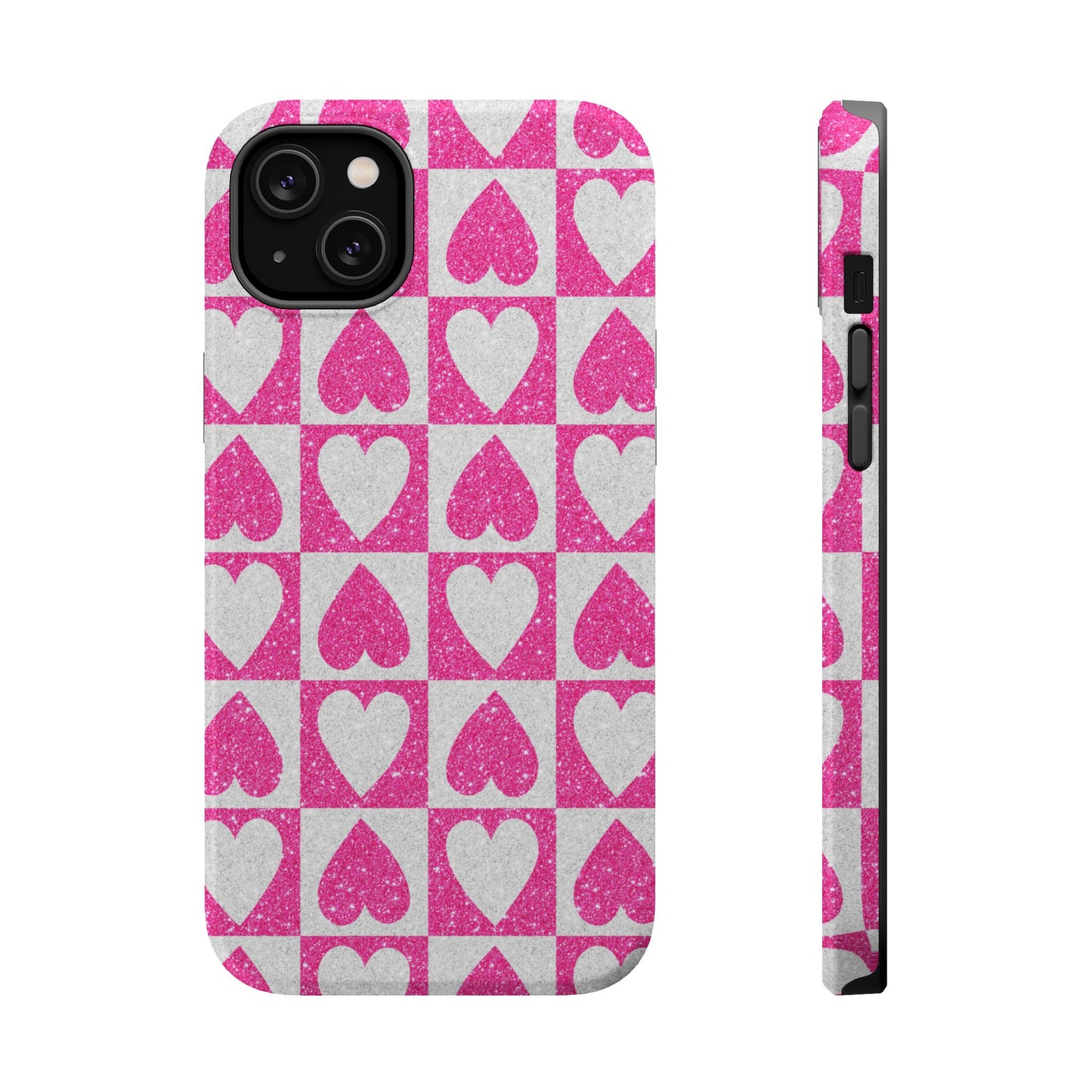 Pink Glitter Heart Checkered Pattern MagSafe Case