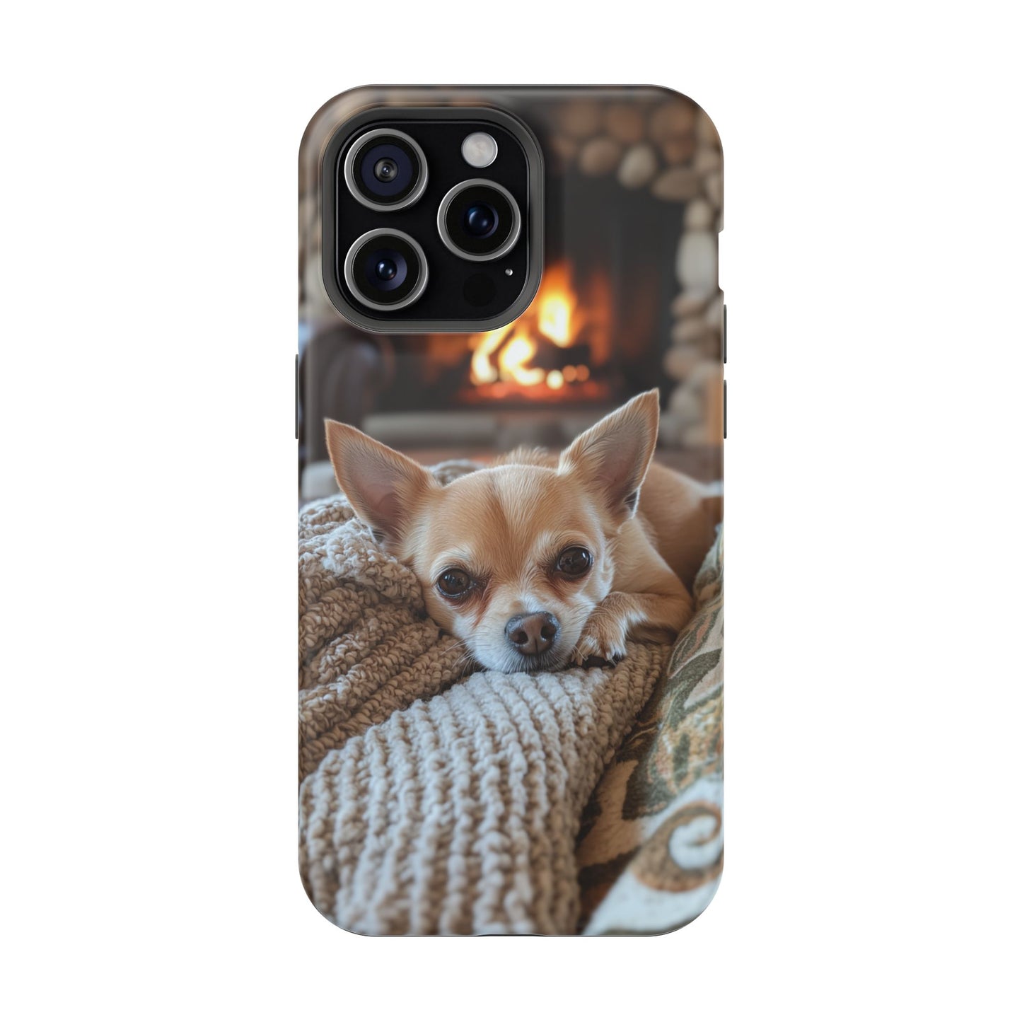 Relaxing Chihuahua by Fireplace MagSafe iPhone Case – Functional and Cozy Design