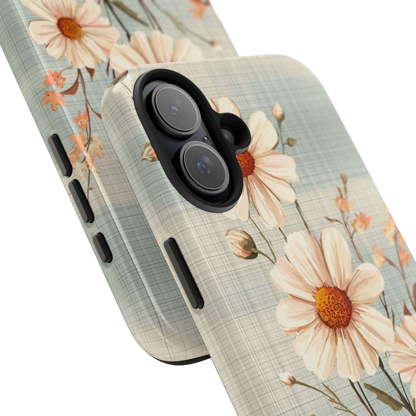 Vintage Plaid & Daisy Floral Tough iPhone Case – Dual-Layer Protection with Retro Flower Design