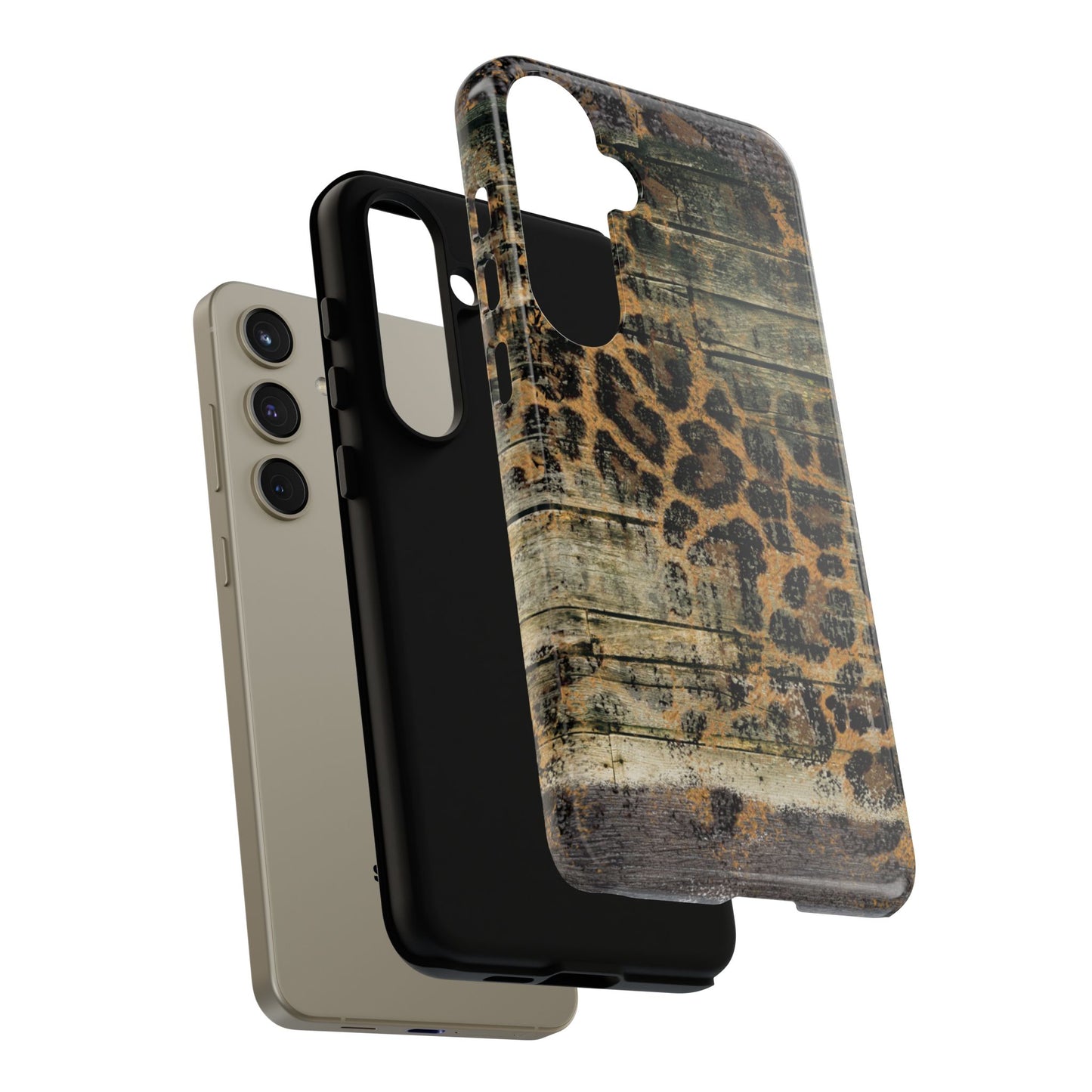 Rustic Wood and Leopard Print Tough Samsung Galaxy Case – Distressed Western Design with Dual-Layer Protection