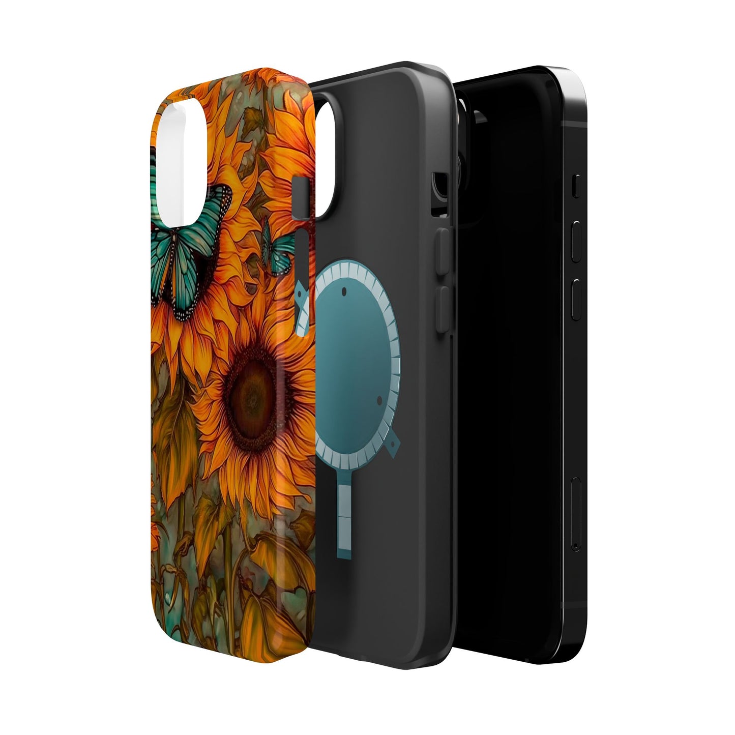 Vintage Blue Butterfly & Sunflower Art – MagSafe iPhone Case