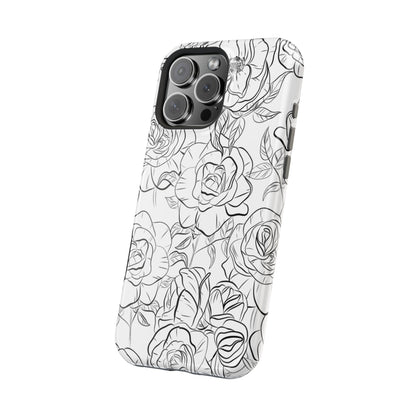 Monochrome Rose Garden Tough MagSafe iPhone Case – Elegant Floral Line Art with Dual-Layer Protection