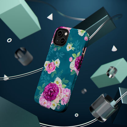 Elegant Peony Bouquet MagSafe iPhone Case – Deep Teal Background with Romantic Floral Design